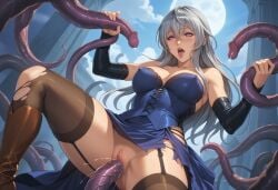 ahe_gao ai_generated blue_dress elbow_gloves female female_focus grey_hair hair_between_eyes long_hair medium_breasts original_character pleasure_face pussy sex spread_legs tentacle tentacle_rape tentacles tentacles_on_female thighhighs thighs violet_eyes