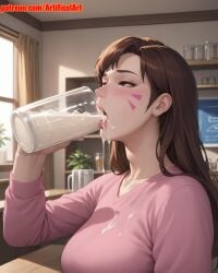 1girls ai_generated artifical_art bangs blush brown_eyes brown_hair cum cum_in_mouth d.va dripping_cum dripping_semen face_markings facial_mark facial_markings light-skinned_female light_skin long_hair medium_breasts open_mouth overwatch overwatch_2