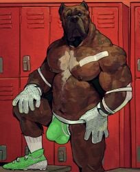 2022 anthro arm_wraps balls_outline bandage barazoku belly biceps bodily_fluids body_hair bulge canid canine canis chest_hair clothed clothing deltoids detailed_bulge dewlap_(anatomy) domestic_dog footwear forearm_muscles gay genital_outline gloves handwear hi_res jockstrap jockstrap_only jowls leg_tuft locker locker_room looking_at_viewer male mammal manly mature_male musclegut muscular muscular_arms muscular_legs muscular_thighs navel nipples pecs penis_outline raised_leg roamingthrough shoes slightly_chubby socks solo sweat topless triceps tuft underwear underwear_only undressing wraps