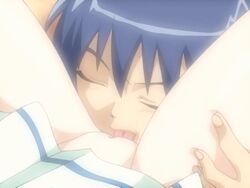 1boy 1girls animated blue_hair closed_eyes clothing cunnilingus female licking makai_tenshi_jibril male manabe_rika no_panties oral pussy shaved short_hair skirt spread_legs uncensored