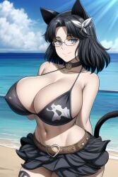 1girls ai_generated big_breasts bikini black_hair blue_eyes cat_ears cat_tail catgirl female female_focus female_only huge_breasts large_breasts long_hair looking_at_viewer mature_female milf smile