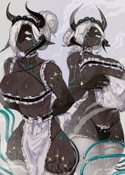 1girls 2025 2d alien apron apron_lift black_horns blue_tail bulge bulge_through_clothing choker erros_(exobelos) exobelos eyelashes female horns large_breasts maid maid_apron maid_bikini maid_headdress tail thighhighs thong trans_(lore) trans_woman trans_woman_(lore) transfem white_eyebrows white_eyelashes white_hair white_thighhighs wide_hips