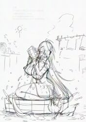 bath bathing bathtub big_breasts blush completely_nude female female_only gegege_no_kitarou genderswap_(mtf) hair_over_one_eye huge_breasts kitarou_tanjou_gegege_no_nazo long_hair medama_oyaji_(human) monochrome nude rule_63 solo turbine_tree very_long_hair wet_body wet_skin