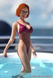 3d bath bathing bathtub cleavage daz3d daz_studio glasses high_cut_swimsuit littljack medium_breasts nerd pia_(littljack) red_hair slender_body smile smiling swimsuit teenage_girl teenager transparent_clothing