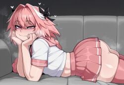1boy 1femboy 2025 ai_generated archibald_1 ass astolfo_(fate) big_ass blush braid canon_crossdressing couch crossdressing fate_(series) femboy feminine_male girly legwear light-skinned_male looking_at_viewer lying lying_on_couch lying_on_stomach male male_only midriff pink_hair pink_legwear pink_skirt pink_stockings sailor_collar school_uniform schoolgirl_uniform short_skirt skirt smile smiling solo steamy_breath stockings thick_thighs thighs trap zettai_ryouiki
