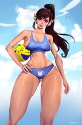 1girls asian asian_female big_breasts blizzard_entertainment breasts brown_hair cleavage d.va female jjorgen overwatch ponytail sideboob solo swimsuit