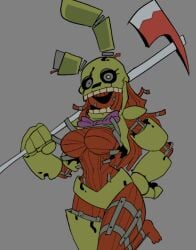 animatronic animatronic_female bowtie breasts bunny_ears bunnysuit corpse five_nights_at_freddy's five_nights_at_freddy's_3 grey_eyes holding holding_object long_hair red_hair smile solo springtrap_(fnaf) sqwunx_(artist) tagme voluptuous wide_hips yellow_eyes