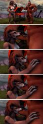 3d_(artwork) absurd_res anthro blizzard_entertainment canid comic dark-skinned_male dark_skin day digital_media_(artwork) duo erontauren fellatio female female_anthro genitals glans hi_res humanoid male male/female mammal muscular muscular_male nude oral orc orc_(warcraft) orc_male outdoors penile penis sex warcraft werecanid werecreature worgen worgen_female