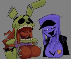 animatronic badge black_eyes bowtie breasts bunny_ears bunnysuit bust busty cleavage corpse five_nights_at_freddy's five_nights_at_freddy's_3 headgear jacket long_hair purple_guy_(fnaf) purple_hair red_hair smile springtrap_(fnaf) sqwunx_(artist) tagme white_pupils william_afton yellow_eyes