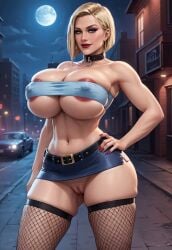 ai_generated areola_slip bandeau belt bimbo blonde_hair blue_eyes car city cleavage collar earrings erect_nipples female_only fishnet_stockings full_moon hand_on_hip hoop_earrings huge_breasts jewelry logan_d microskirt midriff mirra_snow navel navel_piercing night ominous police police_uniform policewoman pussy red_lipstick short_hair skindentation smirk solo solo_female thighhighs tight_clothing tube_top underboob