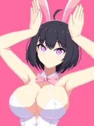 ahoge animal_ears animated armpits arms_up black_hair bouncing_breasts bow breasts cleavage detached_collar fake_animal_ears female large_breasts leotard looping_animation original piaomao pixel_art playboy_bunny purple_eyes rabbit_ears rabbit_pose short_hair solo strapless strapless_leotard tagme video