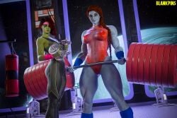 2girls 3d abs athletic athletic_female blankpins blue_body blue_skin bodybuilder clothed_female exercise female_only fit_female fitness gamora giant_thighs giantess green_body green_skin guardians_of_the_galaxy guardians_of_the_galaxy_(game) gym gym_clothes gym_uniform headband huge_pecs lady_hellbender legs looking_at_viewer marvel marvel_comics muscular_female nipple_bulge pinup pubic_hair red_hair sci-fi see-through see-through_clothing sfw skimpy_clothes small_breasts space sport sportswear sweat thighs thin_female toned toned_female weightlifting weights wet_skin workout wristwear