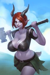 big_breasts big_breasts black_leather bob_hair curvy curvy_figure cute_face elf_ears fantasy female girl grey_skin hammer horns nipple_outline