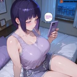 ai_generated anime bed bedroom big_breasts boruto:_naruto_next_generations breasts cellphone clothed clothed_female clothing dialogue english_text female hinata_hyuuga human human_female hyuuga_hinata indoors light-skinned_female light_skin milf mobile_phone naruto naruto_(series) naruto_shippuden netorare night ntr purple_clothing smartphone solo solo_female white_eyes