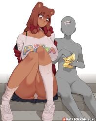 1boy 1girls absurd_res anon anonymous_male anthro bear bear_ears bear_girl beau_(luxurias) big_breasts blush brown_body brown_eyes brown_hair chips_(food) eyebrows_visible_through_hair female grey_body hair_ribbon knees_together_feet_apart long_hair low_twintails luxurias male panties sitting socks sweatdrop t-shirt thick_eyebrows thick_thighs twintails very_high_resolution white_background white_socks