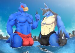 aircraft airplane anthro avian beak blue_body bulge canid canine city clothing detailed_bulge duo falco_lombardi fist generation_4_pokemon genital_outline green_eyes jet lucario macro male mammal nabesiki nintendo nipples non-mammal_nipples pecs pokemon pokemon_(species) red_eyes sea ship speedo spines star_fox swimwear vehicle water watercraft