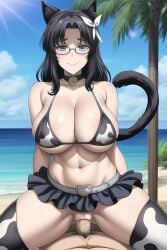 1boy 1girls ai_generated big_breasts black_hair blue_eyes cat_ears cat_tail catgirl cow_print cow_print_bikini female female_focus female_only huge_breasts large_breasts long_hair looking_at_viewer mature_female milf sex smile