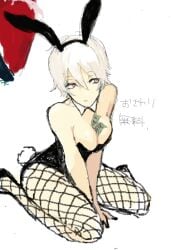 2015 alternate_costume bunny_ears bunny_girl bunny_tail bunnysuit canon_genderswap cleavage female female_only fishnets genderswap_(mtf) ginko_sakata gintama gintoki_sakata medium_breasts money money_in_cleavage money_under_clothes playboy_bunny rule_63 short_hair sitting smile solo summer_k25 white_hair