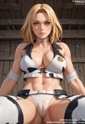 ai_generated artist_name bangs bare_shoulders belt blonde_hair blue_eyes blush breasts cameltoe choker clavicle cleavage clothing crop_top dixie_clemets english_text female female female_only gloves jousneystudio large_breasts legwear lips looking_at_viewer medium_hair midriff navel pantsu patreon_username rumble_roses short_hair sitting solo spread_legs stomach sweat thighhighs thighs underwear veins white_belt white_choker white_panties white_thighhighs white_underwear