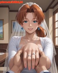 1girls ai_generated anime_girl artifical_art blue_eyes bride brown_hair delia_ketchum_(pokemon) hair_tie long_hair mature_female mature_woman medium_breasts milf mommy mother perfect_body pokemon ponytail tied_hair