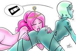 2012 2girls adventure_time anilingus anus ass blue_skin bmo cartoon_network female female_rimming_female green_eyes hair long_hair multiple_girls oral pink_hair pink_skin princess_bubblegum pussy rimjob rimming rule_63 short_hair surprised white_background yuri zet13