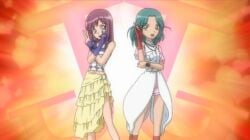 2girls bakugan bakugan_battle_brawlers blue_eyes clothed gloves green_hair idol jenny_(bakugan) jewls_(bakugan) jj_dolls kanihara_yumiko kashikiri_nae legs light_skin long_hair magenta_hair medium_breasts medium_hair official_art orange_eyes posing sega shorts skirt smile socks teenager thighs turquoise_hair