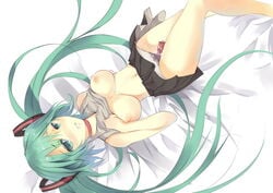 1girls aqua_eyes aqua_hair breasts dildo female from_above hatsune_miku inverted_nipples long_hair looking_at_viewer lying nipples panties rain_lan shirt_lift skirt solo tied_hair twintails very_long_hair vocaloid