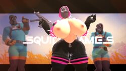 2boys accidental_exposure bomb_collar breasts breasts_out codansfw exposed_breasts female masked public public_exposure squid_game tagme team_fortress_2 triangle_(squid_game) wardrobe_malfunction