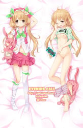 1girls asymmetrical_clothes barefoot blonde_hair blush breasts brown_eyes clothes_writing dakimakura female futaba_anzu hat highres idolmaster idolmaster_cinderella_girls light-skinned_female light_skin long_hair nipples on_back panties panty_pull partially_undressed pussy silveroid_(silver15) small_breasts smile solo stuffed_animal stuffed_bunny stuffed_toy thighhighs tied_hair twintails uncensored underwear very_long_hair