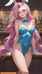 1girls ai_generated bunny_ears bunny_girl bunnysuit cute fishnets gloriousevolution34 k/da_all_out_series league_of_legends league_of_legends:_wild_rift legends_of_runeterra light-skinned_female light_skin long_hair medium_breasts pink_hair riot_games seductive seraphine_(league_of_legends) solo solo_female solo_focus video_games