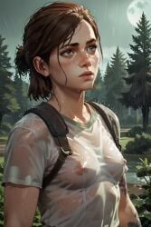 1girls 2d ai_generated arm_tattoos backpack brown_hair ellie_(the_last_of_us) ellie_williams naughty_dog nipples nipples_visible_through_clothing no_bra see-through_clothing see-through_shirt shirt short_hair shoulder_straps skinny small_breasts t-shirt the_last_of_us the_last_of_us_2 wet wet_clothes wet_shirt white_shirt