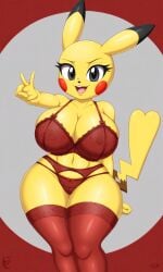 ai_generated big_breasts female female_pikachu legwear lingerie peace_sign pikachu pixai pokemon pokemon_(species) red_legwear red_lingerie red_stockings red_thighhighs stockings thighhighs v wide_hips