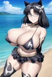 1girls ai_generated beelceteam big_breasts black_hair blue_eyes cat_ears cat_tail catgirl cow_print cow_print_bikini darkrai_minita darkraimola darkraiteam female female_focus female_only huge_breasts large_breasts long_hair looking_at_viewer mature_female milf smile twitch