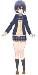 1girl 1girls black_hair clothed flower_in_hair full_body hands idol knees legs light_skin medium_breasts medium_hair mizuno_ai official_art red_eyes school_uniform sfw shoes short_skirt skirt smile socks thighs zettai_ryouiki zombie_land_saga