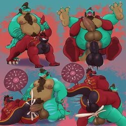 2026 3_toes 5_fingers all_fours anthro anus arm_markings balls belly biceps big_nipples black_toe_claws blue_markings bodily_fluids body_hair brown_balls brown_body brown_hair brown_penis brown_soles chest_hair claws colored cum cum_inside denilsexo digital_drawing_(artwork) digital_media_(artwork) dinosaur doggy_style duo elbow_markings eyebrows eyewear facial_hair feet fingers foot_markings from_behind_position full_nelson full_nelson_(legs_held) genital_fluids genitals glans glasses goatee green_body green_markings green_tail gripping_tail hair hand_markings happy happy_sex hi_res imperion_drakon impregnation knee_markings leg_markings lying male male/male markings mounting moustache multiple_poses musclegut muscular mutual_impregnation navel nipples overweight overweight_anthro overweight_male penis pink_anus pink_glans pink_nipples plantigrade pose pregnant pregnant_male prehistoric_species puffy_anus red_body red_eyebrows red_spikes reptile saurischian scale_markings scales scalie sex shoulder_markings sideburns slightly_chubby slightly_chubby_anthro slightly_chubby_male spiked_tail spikes spikes_(anatomy) tail theropod thigh_markings toe_claws toes toony_eyes triceps trick_rex_(character) tyrannosaurid tyrannosauroid tyrannosaurus tyrannosaurus_rex white_toe_claws yellow_eyes yellow_markings