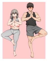 1boy 1girls age_difference big_breasts breasts chubby chubby_female exposed_breasts mature_female milf mother no_bra sakurai_shinichi silver_hair sockinajar uzaki-chan_wa_asobitai! uzaki_tsuki voluptuous voluptuous_female yoga yoga_pants