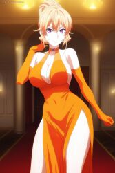 ai_generated artkoikoi asian asian_female big_breasts blonde_hair breasts cleavage dress elbow_gloves elegant female hair_tied_up high_cut highres hourglass_figure long_hair nakiri_erina neck_hold orange_dress orange_gloves patreon patreon_username posing posing_for_the_viewer purple_eyes shokugeki_no_souma tied_hair