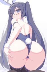 ahoge animal_ears animated ass black_hair black_thighhighs blue_eyes blue_leotard blue_ribbon fake_animal_ears fake_tail female from_behind glasses hair_ribbon highres kneeling leotard long_hair looking_at_viewer looking_back open_mouth original piaomao pixel_animation pixel_art playboy_bunny rabbit_ears rabbit_tail ribbon simple_background smile solo tail thighhighs very_long_hair white_background wrist_cuffs