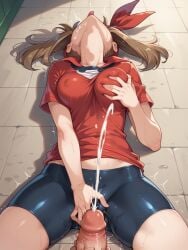 ai_generated blue_eyes brown_hair cumming_together cumshot fondling_breast group_masturbation huge_breasts intense_orgasm masturbation may_(pokemon) may_(pokemon_oras) moaning_in_pleasure nipples_visible_through_clothing red_shirt tits_bigger_than_head tongue_out wanting_more wet_pussy