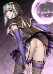 ass breasts capelet censored corset detached_sleeves drill_hair female from_behind garter_belt garter_straps hood jewelry kansuke lace lace-trimmed_thighhighs large_breasts lips looking_back nail_polish nipples no_panties orb parted_lips print_legwear pussy red_eyes silver_hair skirt solo soul_calibur soul_calibur_v spider_web spider_web_print thighhighs title_drop twin_drills viola_(soul_calibur)