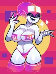 big_breasts bikini black_lipstick breasts bryanjonsfw cleavage covered_nipples deltarune deltarune_chapter_2 glasses headgear holding holding_object instagram large_breasts looking_at_viewer queen_(deltarune) smile stockings tagme thick_thighs thighs voluptuous white_body white_skin wide_hips