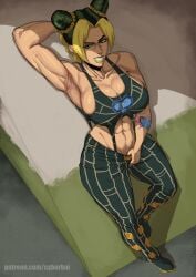 1girls armpit_fetish armpits arms_up big_breasts clothed cyberboi green_hair hair_bun huge_breasts jojo's_bizarre_adventure jolyne_kujo light-skinned_female lipstick makeup posing posing_for_the_viewer smiling stone_ocean tattoo tattooed_arm voluptuous voluptuous_female