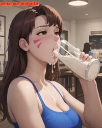 1girls ai_generated artifical_art bangs blush brown_eyes brown_hair cum cum_in_mouth d.va dripping_cum dripping_semen face_markings facial_mark facial_markings light-skinned_female light_skin long_hair medium_breasts open_mouth overwatch overwatch_2