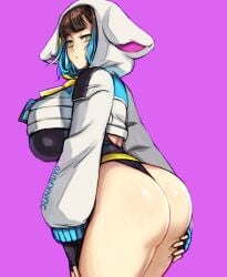 1girls ass ass_focus ass_grab big_breasts breasts close-up clothing cosplay cottonwing_(chief) cottonwings dat_ass first_porn_of_character g_string hood_up hoodie hoodie_only indie_virtual_youtuber junkpuyo latex leotard multicolored_hair oiled_skin pale-skinned_female pale_skin sheep shiny_skin solo thick_thighs thighs twitch virtual_youtuber yellow_eyes youtube