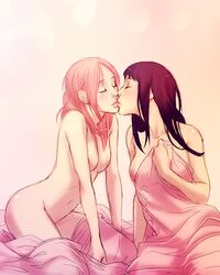 2girls breasts closed_eyes female female_only human hyuuga_hinata kissing long_hair multiple_females naruto nipples nude pink_hair purple_hair sakura_haruno samurai-pet slj yuri