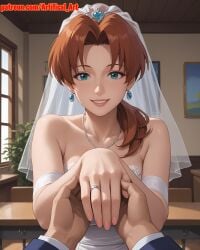 1girls ai_generated anime_girl artifical_art blue_eyes bride brown_hair delia_ketchum_(pokemon) hair_tie long_hair mature_female mature_woman medium_breasts milf mommy mother perfect_body pokemon ponytail tied_hair