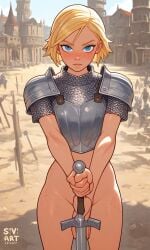 1girls ai_generated armor blonde_hair blue_eyes bottomless bottomless_female bottomless_knight castle chainmail chest_armor dimitra_(kosine1777) female female_knight flat_colors freckles guard knight kosine1777 kosineverse original original_character outdoors pussy short_hair sword