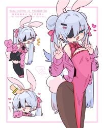 blue_eyes blue_hair femboy green_eyes heart japanese_text oc original_character purple_hair rabbit rabbit_boy rabbit_ears rabbit_humanoid rabbit_tail ribbon small_breasts smile twintails