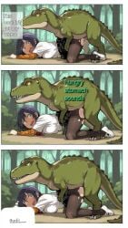 ai_generated black_hair clothing comic dinosaur doggy_style female forest girl girl, pantyhose rape scalie scared_expression scared_face sex sex_from_behind short_hair text torn torn_clothes torn_pantyhose zoophilia zoophilia