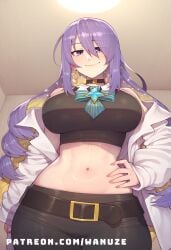 ai_generated big_ass big_breasts big_butt big_thighs blush choker crop_top huge_ass huge_breasts huge_butt huge_thighs jacket moona purple_eyes purple_hair wanuze wide_hips